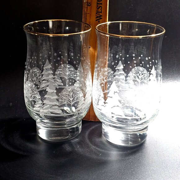 2 Pines White Silhouette Tumblers Glasses 5.25" Lynns China Winter trees gold - Picture 4 of 5